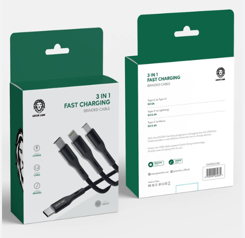 Green Lion 3 In 1 Fast Charging Braided Cable 1.2m