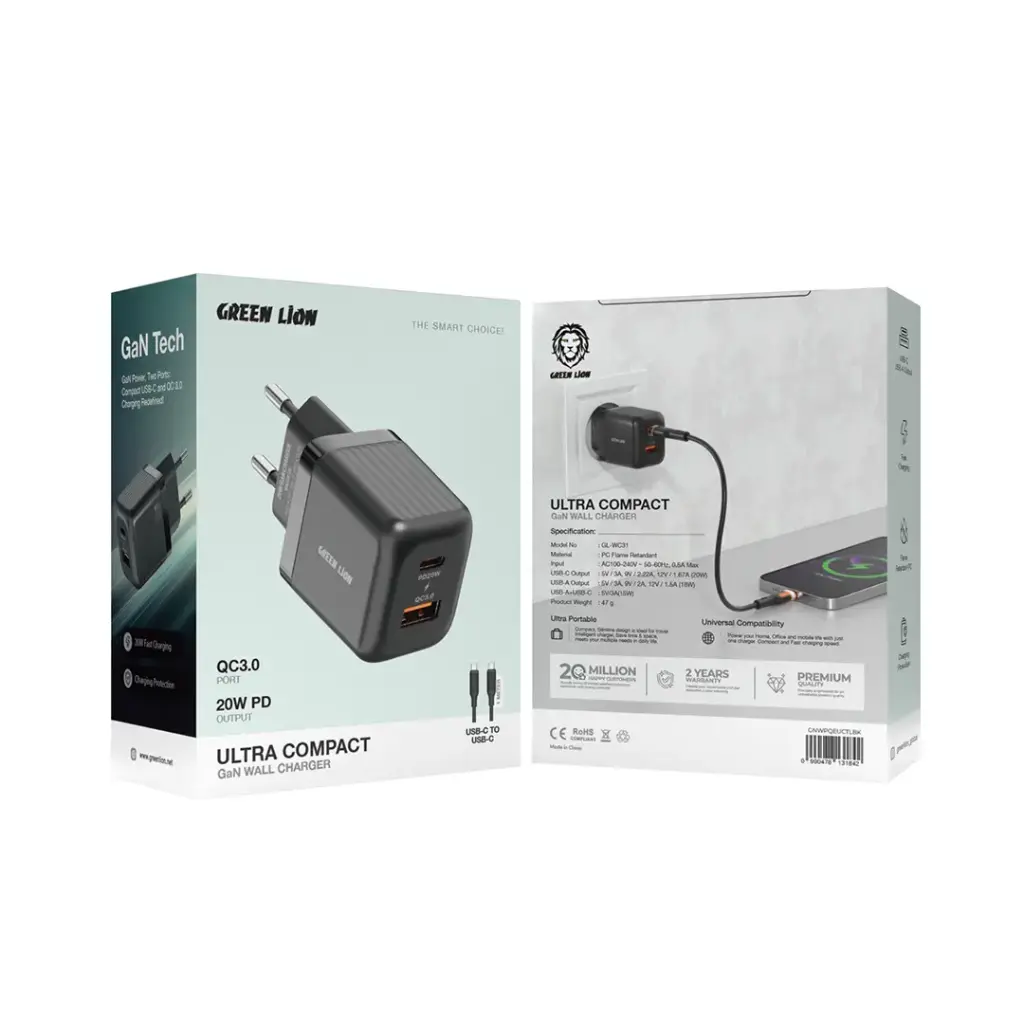 Green Lion Ultra Compact GaN Wall Charger EU Pin A+C 20W
