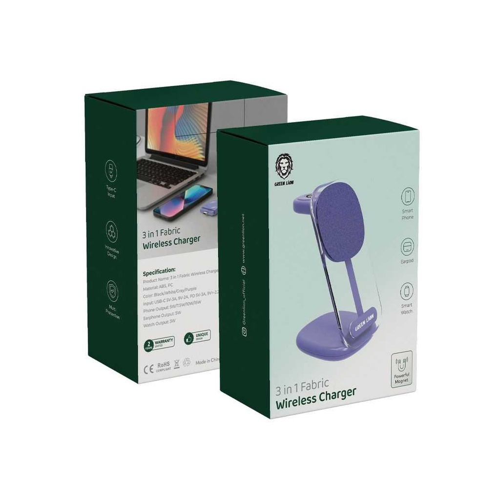 Green Lion 3 in 1 Fabric Wireless Charger 15W - Grey