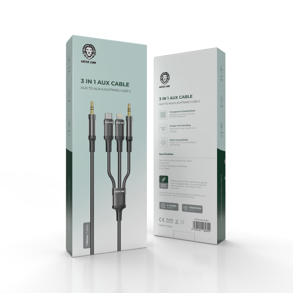 Green Lion 3 in 1 AUX Cable ( AUX / Lightning / USB-C ) 1M