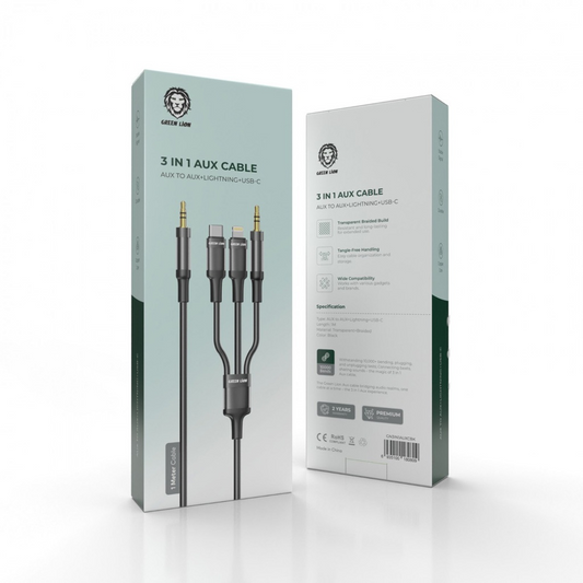 Green Lion 3 in 1 AUX Cable ( AUX / Lightning / USB-C ) 1M