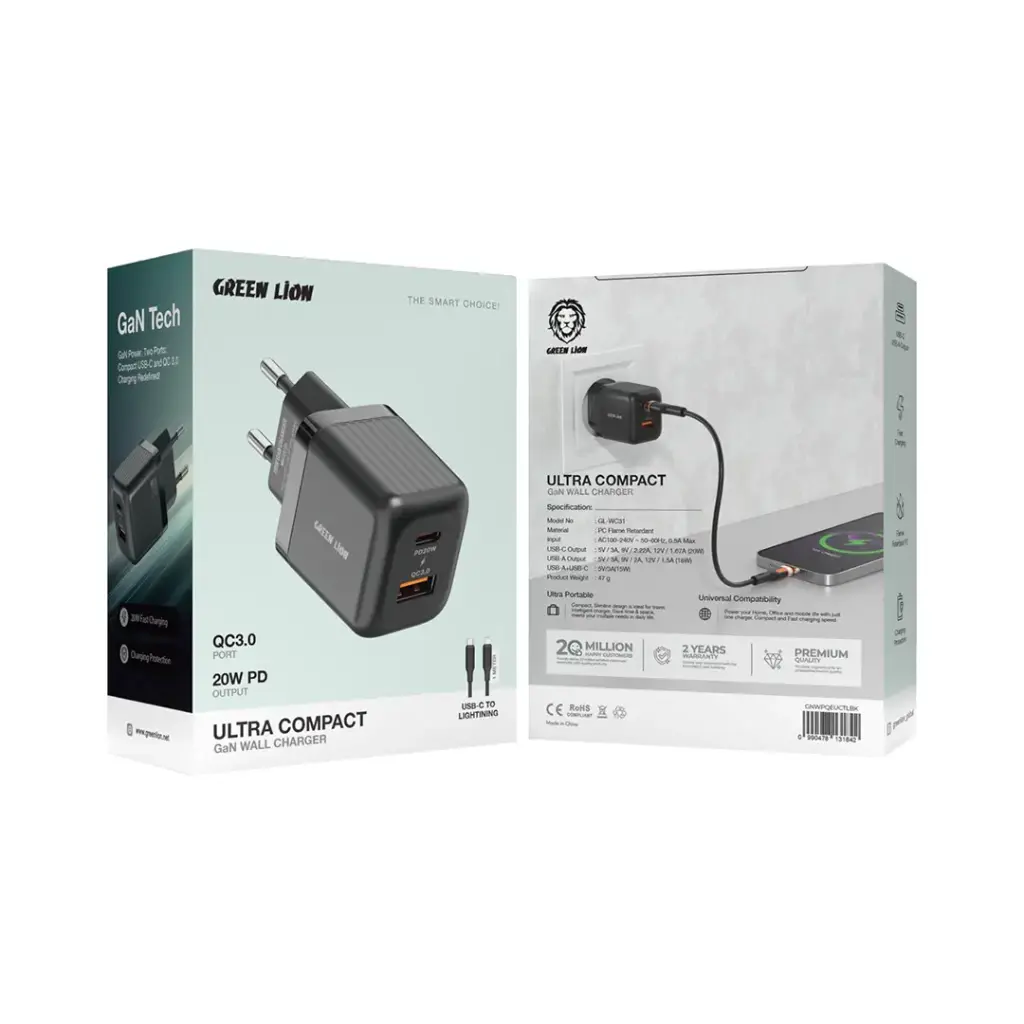 Green Lion Ultra Compact GaN Wall Charger EU Pin A+C 20W